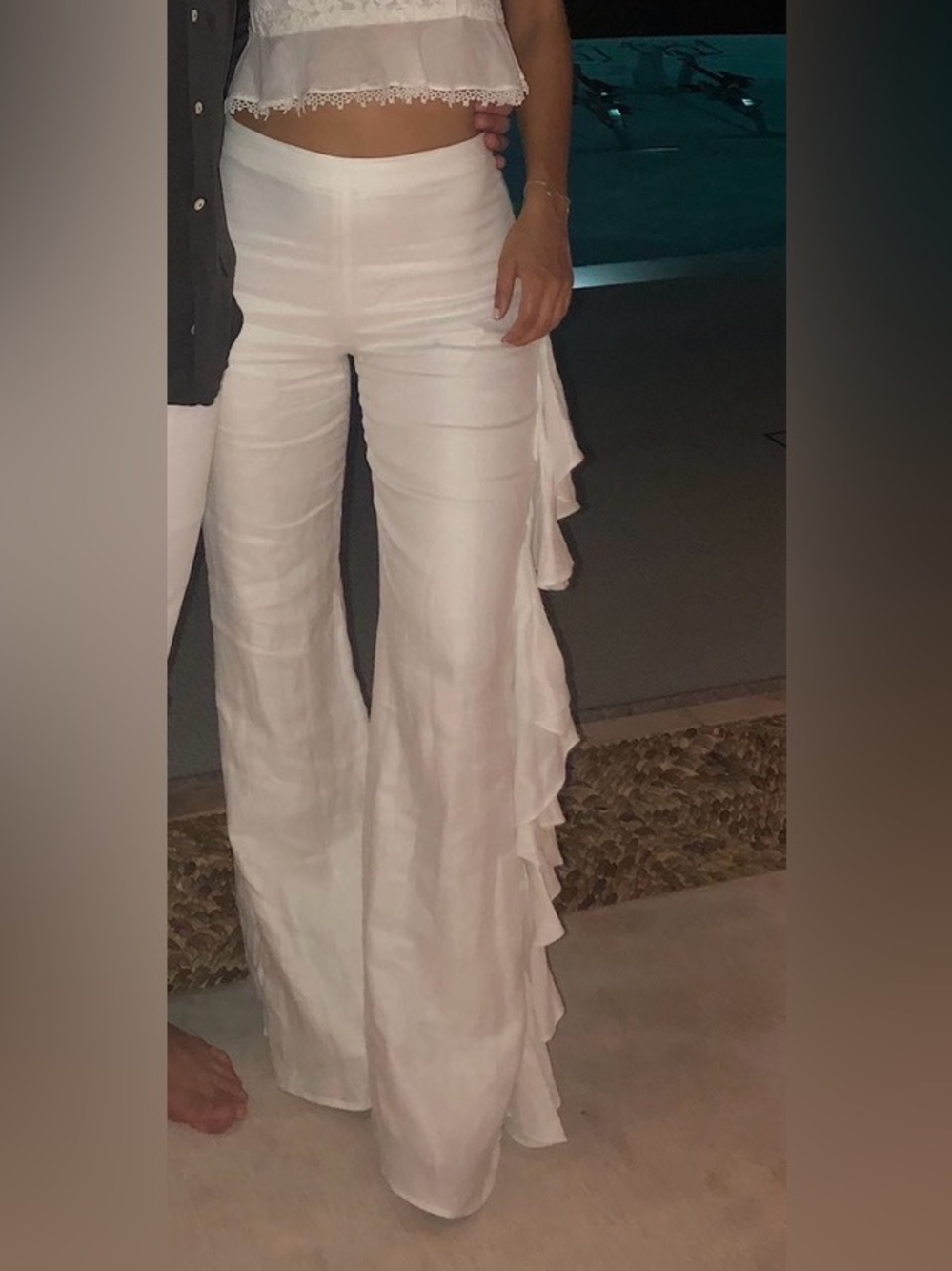 ALEXIS White Ruffle-Side Wide Leg Pants